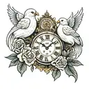 Clock with 10:49 am on it   3 doves   rose 3•26•2020 1965 tattoo design idea