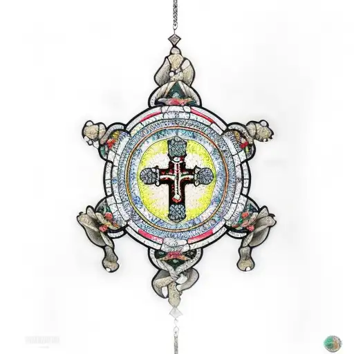 praying hands and rosary inside stained glass tattoo design idea