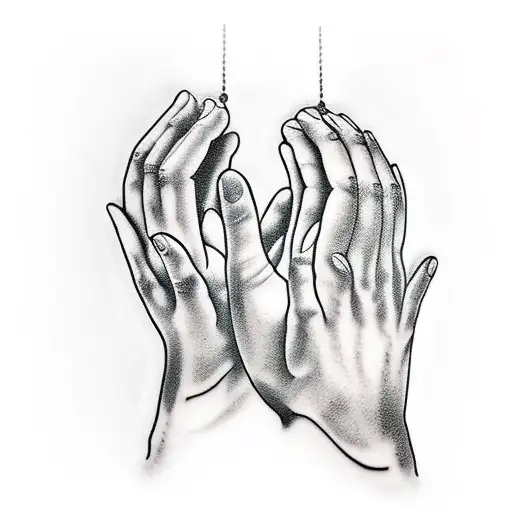 praying hands and rosary inside stained glass tattoo design idea