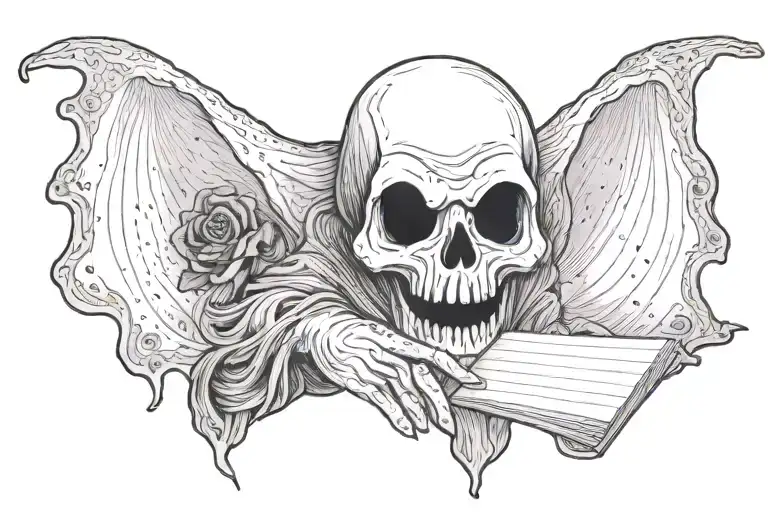A ghost from front. Ghost is holding a piece of paper and reading what's in it.  tattoo design idea