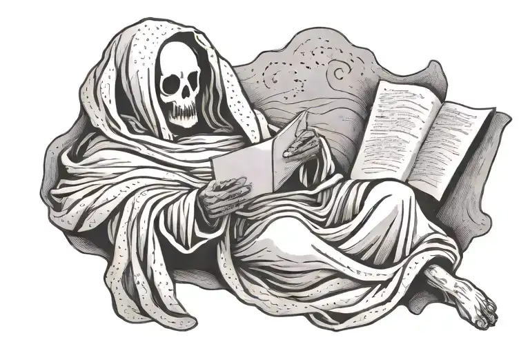 A ghost in form of a person wearing a bed sheet. Ghost is holding a piece of paper and reading it's content nostalgic. tattoo design idea