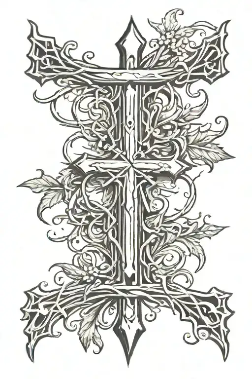 Thin Christian Cross made out of 3 nails + thin vines circling cross + thorns + leaves tattoo design idea