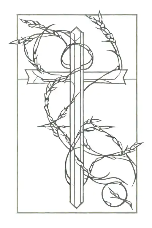 Thin Christian Cross made out of 3 nails + thin vines circling cross + thorns + leaves tattoo design idea