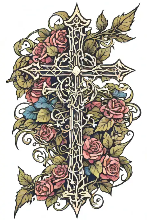 Cross + 3 nails + vines + thorns + leaves tattoo design idea