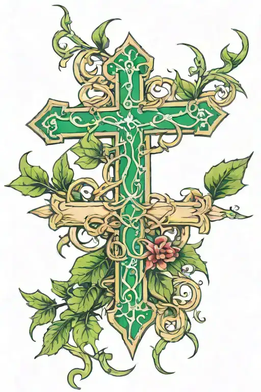 Thin Cross + 3 nails + vines + thorns + green leaves tattoo design idea