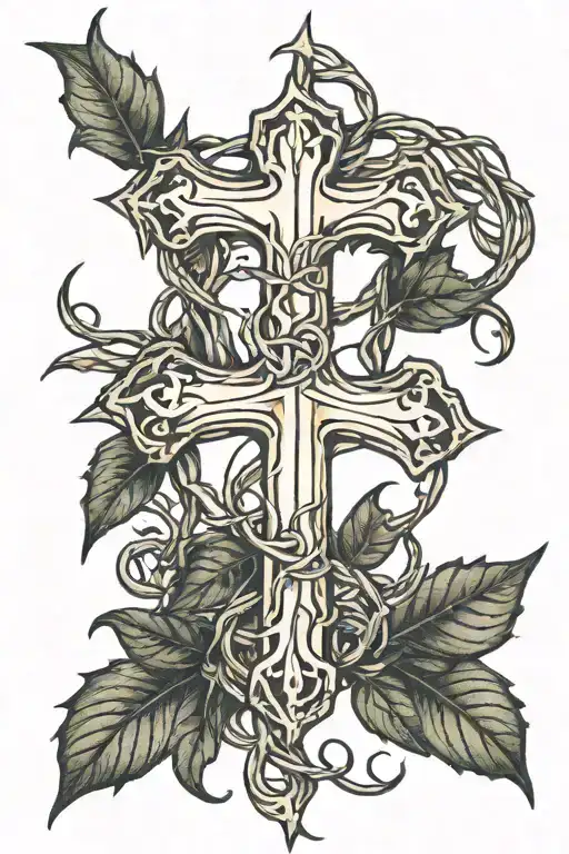 Thin Cross made with 3 nails + vines surrounding cross + thorns + leaves tattoo design idea
