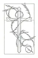 Thin Christian Cross made out of 3 nails + thin vines circling cross + thorns + leaves tattoo design idea