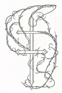 Thin Christian Cross made out of 3 nails + thin vines circling cross + thorns + leaves tattoo design idea