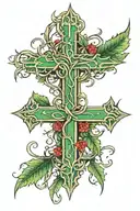Thin Cross + 3 nails + vines + thorns + green leaves tattoo design idea
