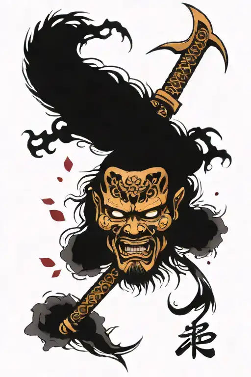 katana which crosses 3 dark roses, with falling cherry petals around it and an oni mask tattoo design idea