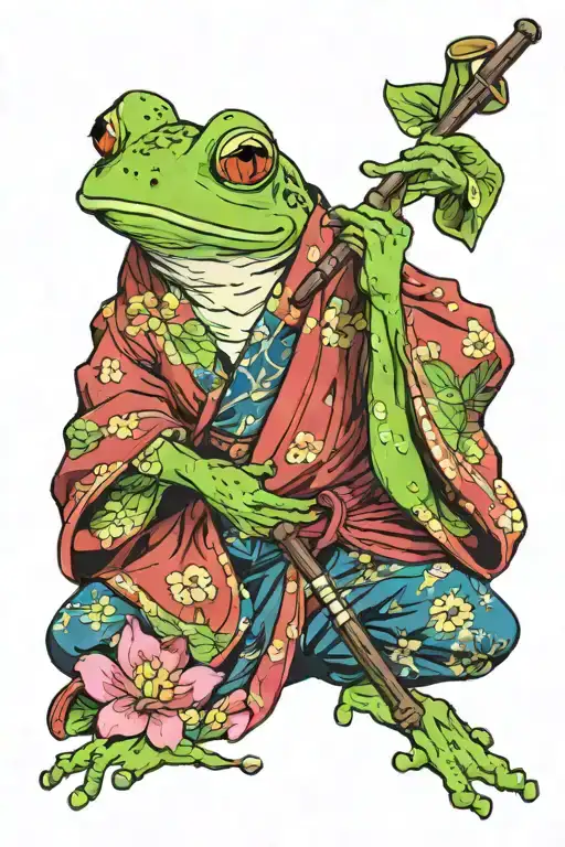A frog in a kimono smokes a pipe tattoo design idea