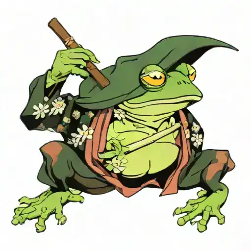 A frog in a kimono smokes a pipe tattoo design idea
