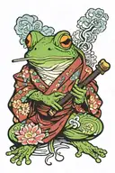 A frog in a kimono smokes a pipe tattoo design idea
