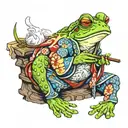 A frog in a kimono smokes a pipe tattoo design idea