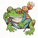A frog in a kimono smokes a pipe tattoo design idea