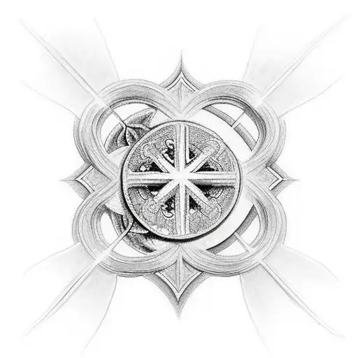 Christian Cross with angels surrounding and christian things filling in tattoo design idea