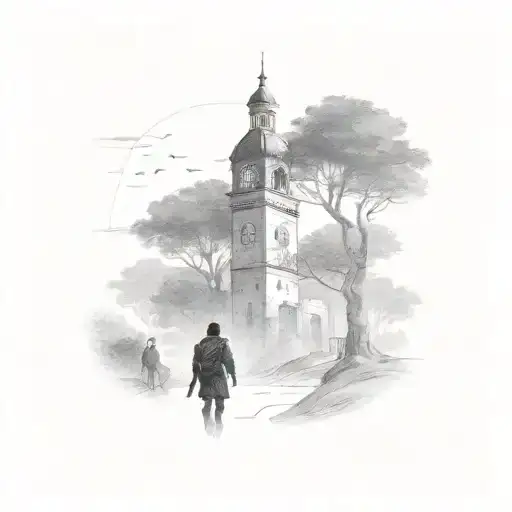 A silhouette of a wanderer walking towards a clock tower in the distance, capturing the essence of exploration and the passing of time tattoo design idea