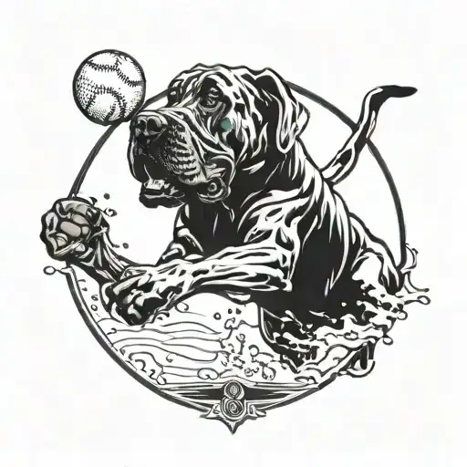 A majestic Great Dane catching a baseball in mid-air tattoo design idea