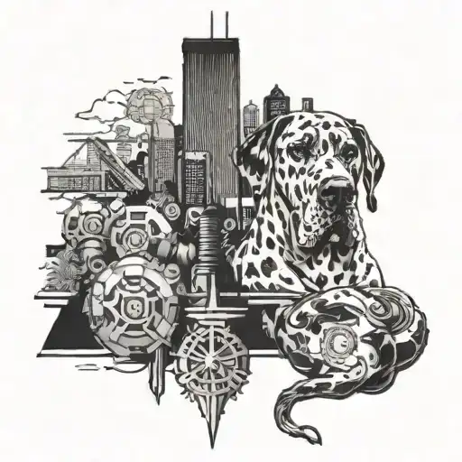 An engineer's tools and Marine Corps insignia combined with a Great Dane portrait, set against a Nashville skyline tattoo design idea