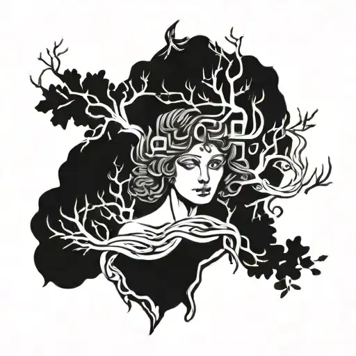A Greek goddess symbolizing healing and spirituality surrounded by intricate tree branches and waves tattoo design idea