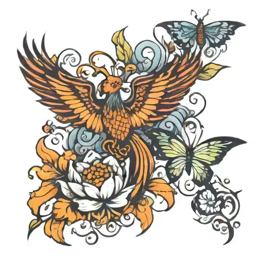 phoenix, butterflies,lotus, compress, clound  tattoo design idea