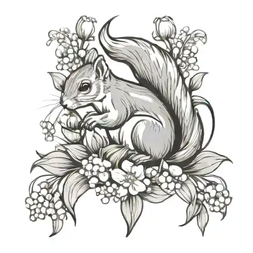 squirrel around lily of the valley flower tattoo design idea