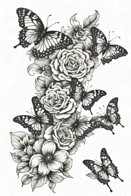 flower boquette and butterflies surrounding it tattoo design idea