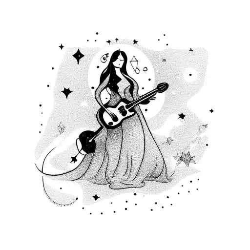 A beautiful woman playing a guitar under a starry night sky tattoo design idea