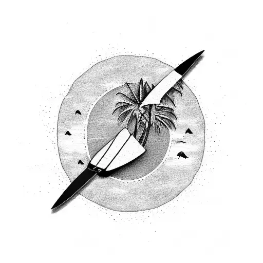 tenerife island map from sky with palm tree, flip flop and surfboard tattoo design idea