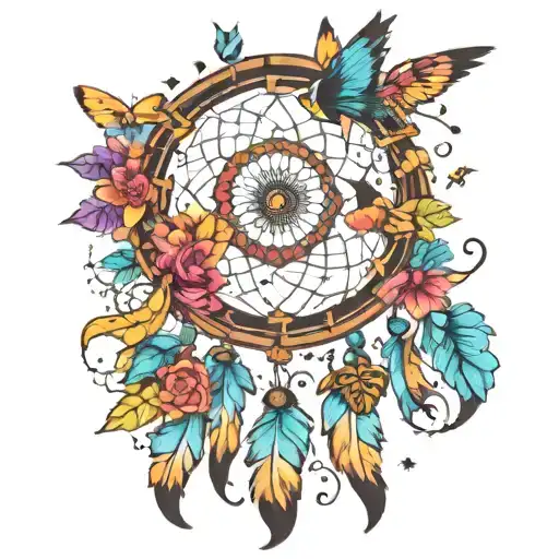 flowing dream catcher with feathers, butterflies, birds and flowers in bright colors tattoo design idea