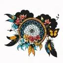 flowing dream catcher with feathers, butterflies and  birds flying around with flowers in bright colors tattoo design idea