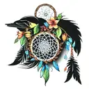 flowing dream catcher with feathers, butterflies and  birds flying around with flowers in bright colors tattoo design idea