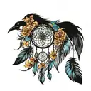 flowing dream catcher with feathers, butterflies and  birds flying around with flowers in bright colors tattoo design idea