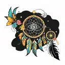 flowing dream catcher with feathers, butterflies and  birds flying around with flowers in bright colors tattoo design idea