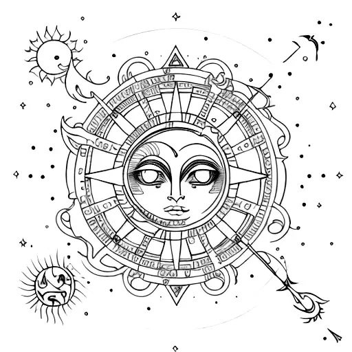 simple fantasy design, witchy,  fine line, Aquarius, sun and moon influences tattoo design idea