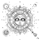 simple fantasy design, witchy,  fine line, Aquarius, sun and moon influences tattoo design idea
