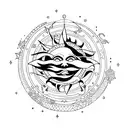 simple fantasy design, witchy,  fine line, Aquarius, sun and moon influences tattoo design idea
