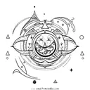 simple fantasy design, witchy,  fine line, Aquarius, sun and moon influences tattoo design idea