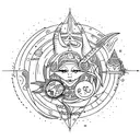 simple fantasy design, witchy,  fine line, Aquarius, sun and moon influences tattoo design idea