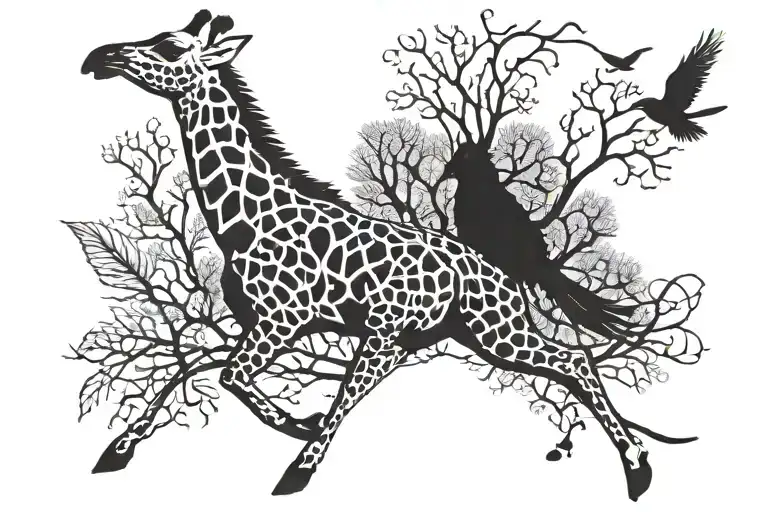 giraffe walking, eagle flying, blue jay perched tattoo design idea