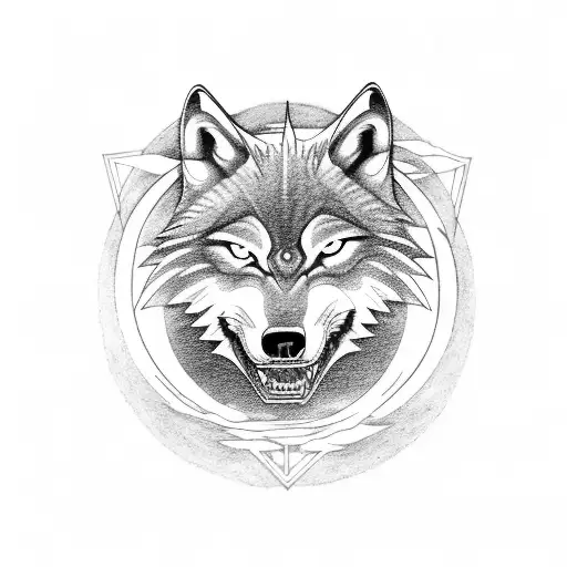 A wolf howling at a full moon in a Nordic rune circle tattoo design idea