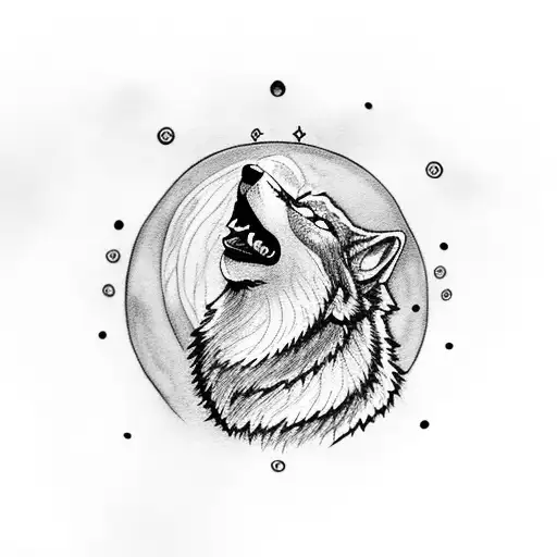 A wolf howling at a full moon in a Nordic rune circle tattoo design idea