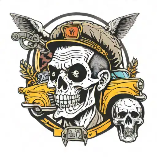 A neotraditional tattoo of a taxi driver rocking out to metal music with a skull motif in the background tattoo design idea