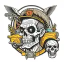A neotraditional tattoo of a taxi driver rocking out to metal music with a skull motif in the background tattoo design idea