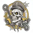 A neotraditional tattoo of a taxi driver rocking out to metal music with a skull motif in the background tattoo design idea