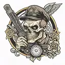 A neotraditional tattoo of a taxi driver rocking out to metal music with a skull motif in the background tattoo design idea