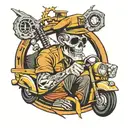 A neotraditional tattoo of a taxi driver rocking out to metal music with a skull motif in the background tattoo design idea