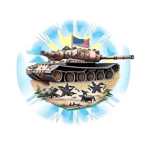military tank with austrailian cattle dog on top tattoo design idea