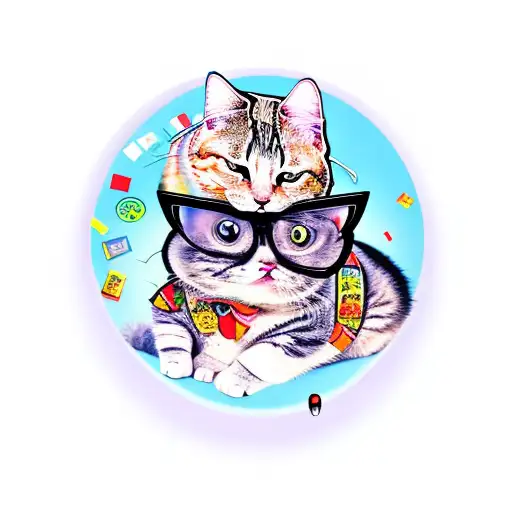 fat cat with belly, the cat is wearing a Hawaiian shirt with the buttons bulging from fat, wearing glasses tattoo design idea