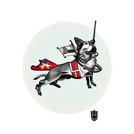 military tank with austrailian cattle dog on top tattoo design idea